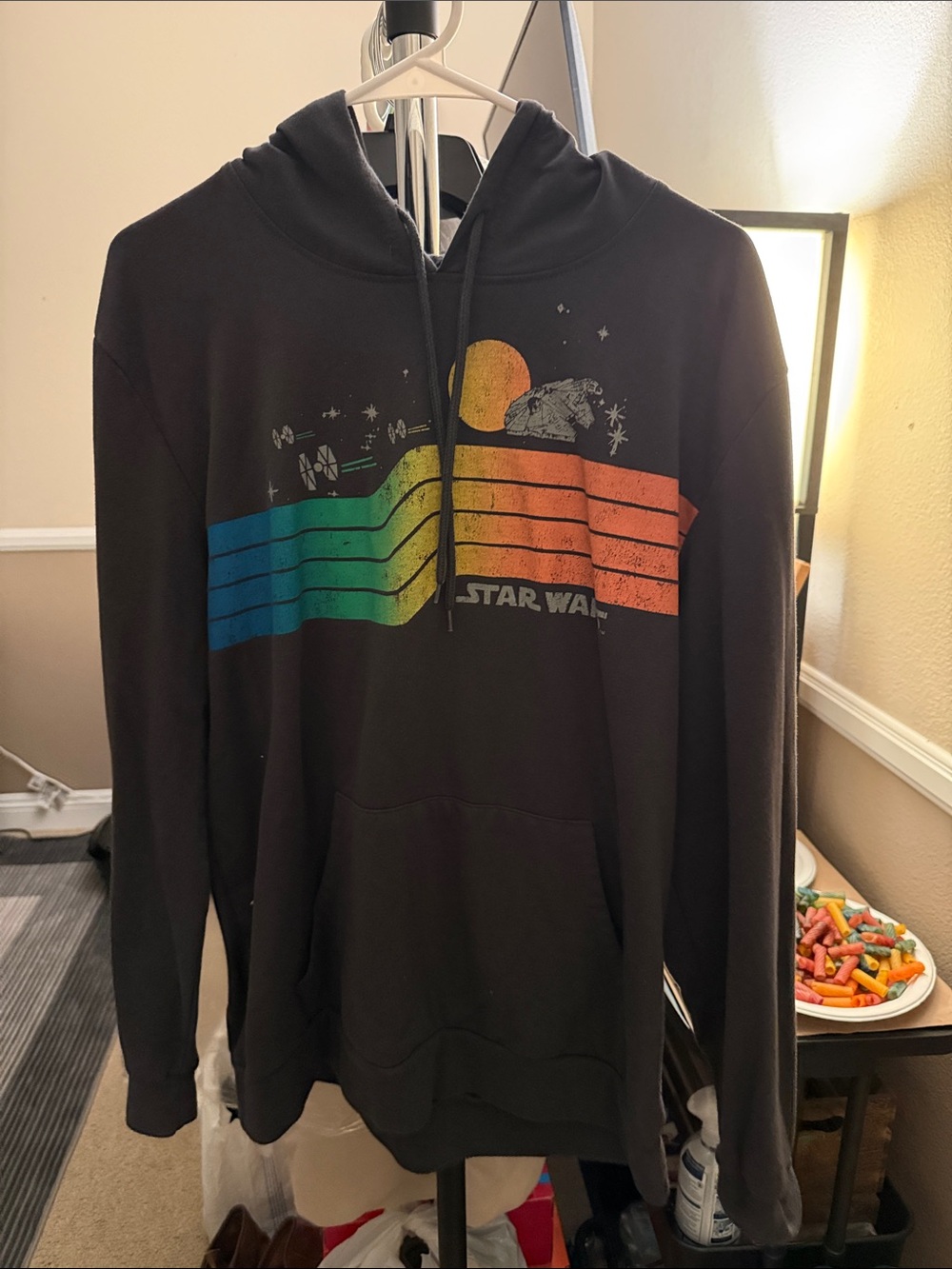 Star Wars Dark Grey Hoodie with Blue-Green-Yellow-Orange Retro Stripe